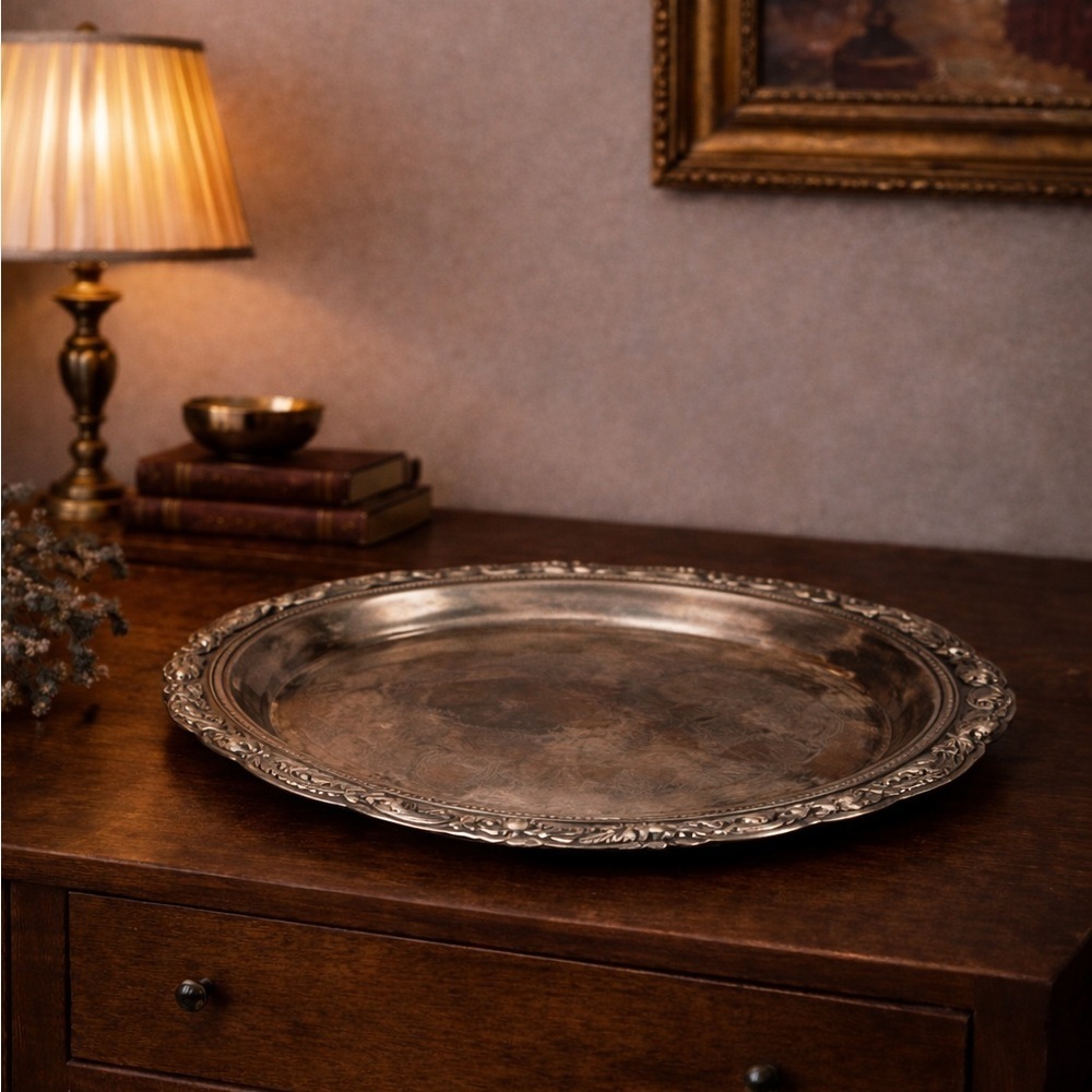 Vintage Ornate Engraved Silverplate Tray Round Heavy Patina